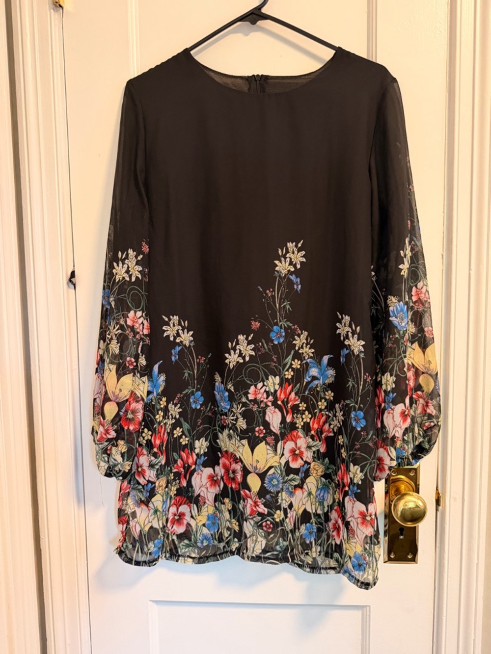 Black Floral Long-Sleeve Chiffon Tunic Top